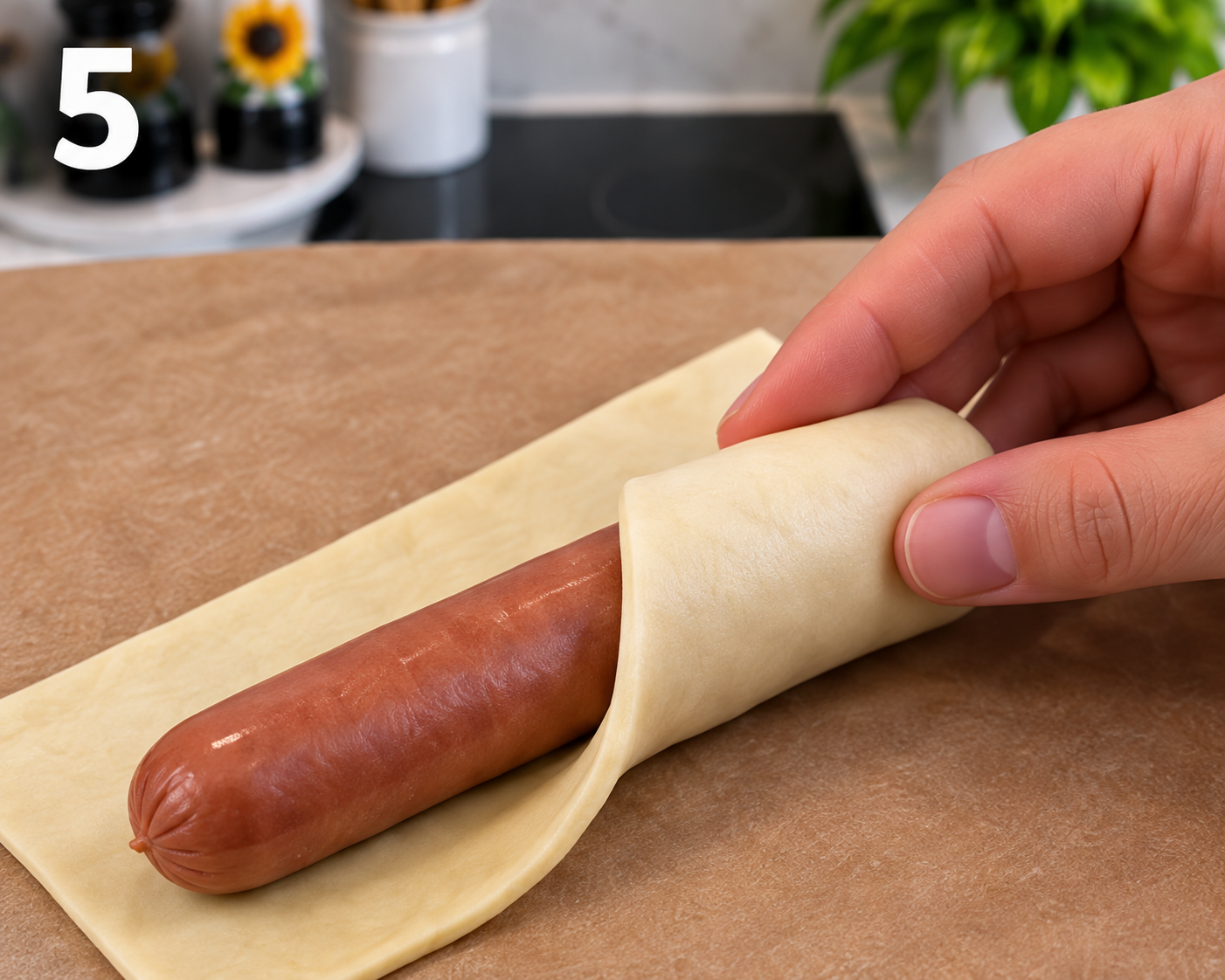 Wrapping a halal sausage in refrigerated dough