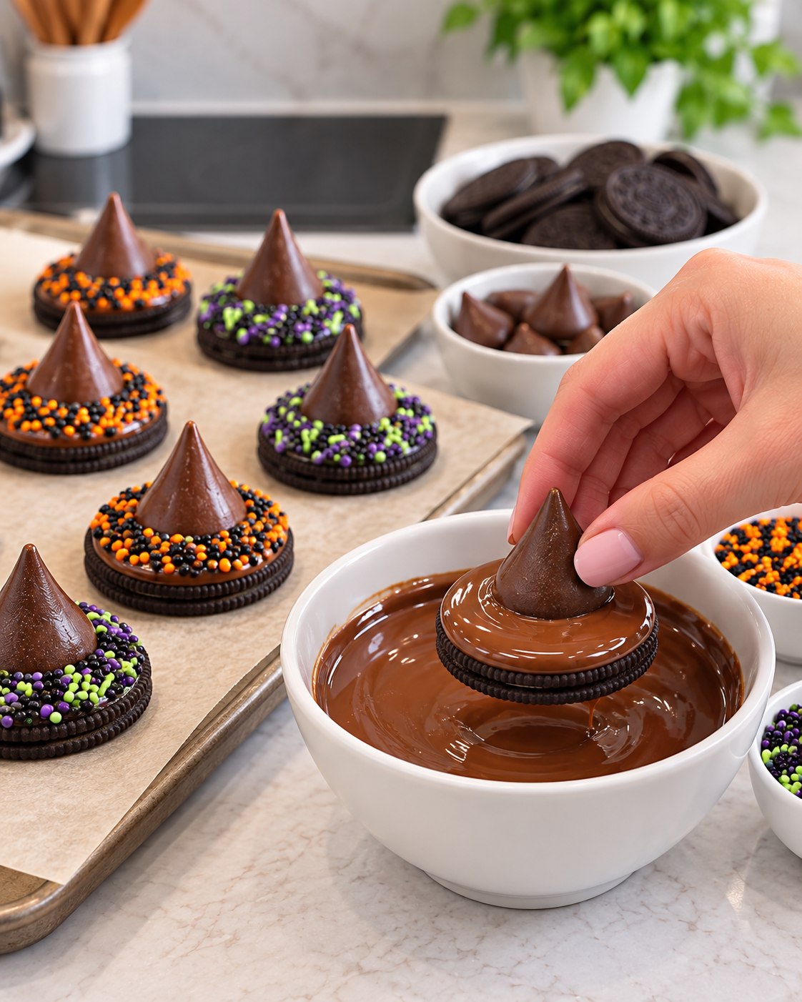 Adding a pointed chocolate candy to form a cookie witch hat