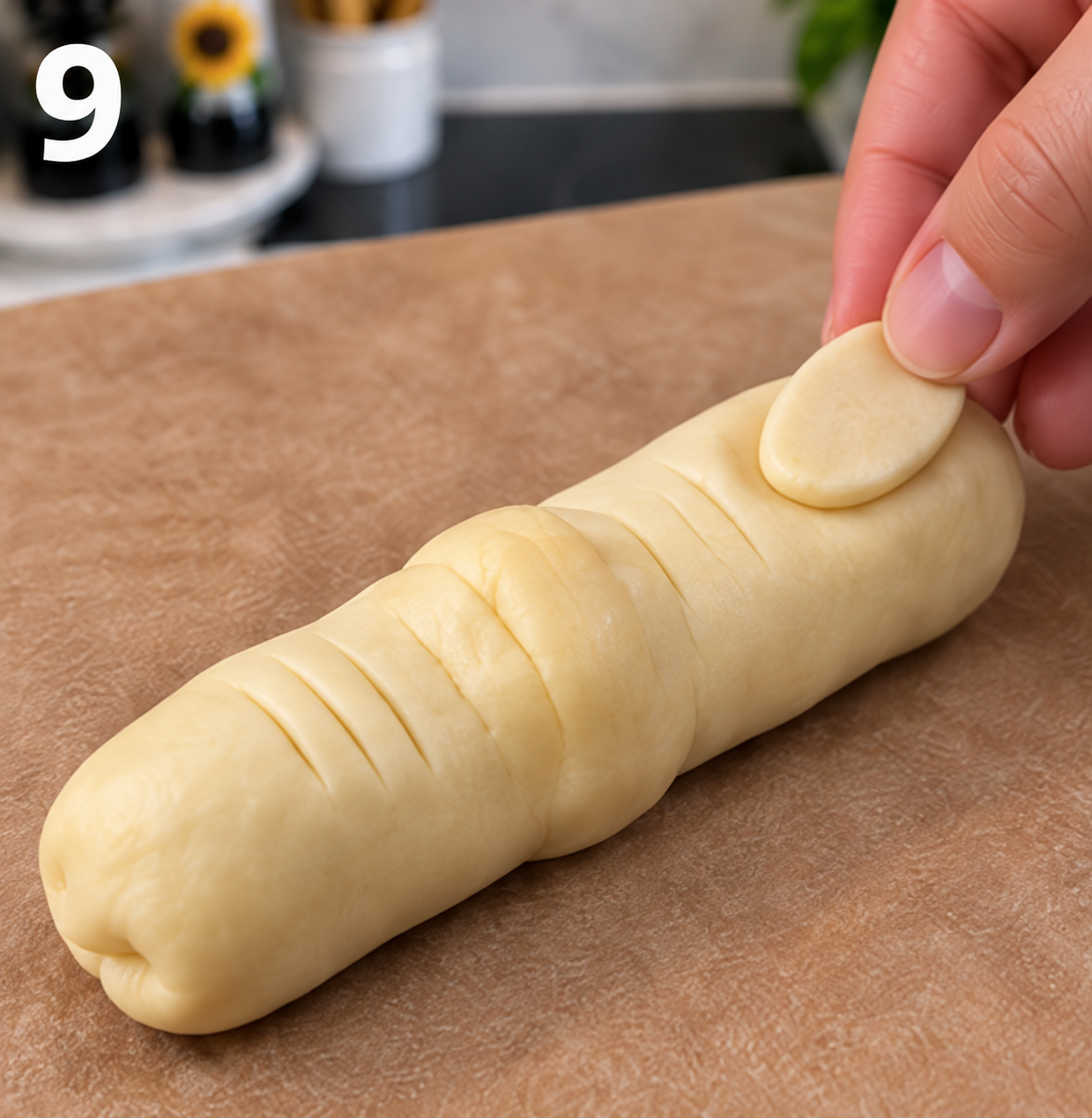 Adding an oval dough fingernail to a shaped Halloween hot dog finger