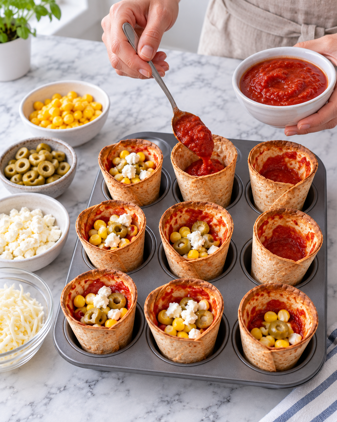 Pre-baked tortilla cones filled with pizza sauce, corn, green olives, and feta