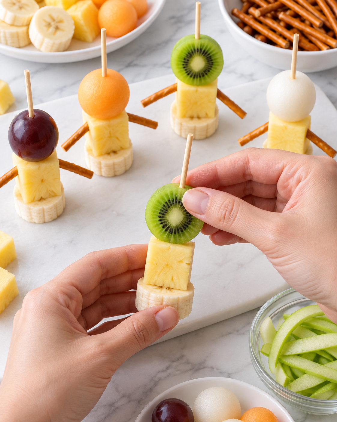 Assembling fruit snack characters on wooden skewers with banana bases