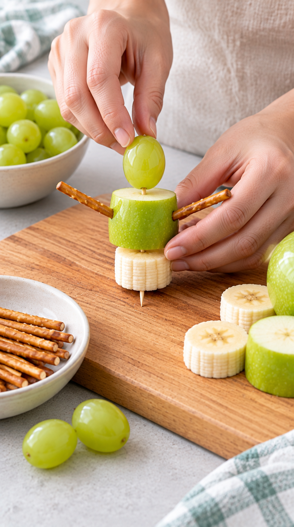 Assembling Frankenstein snacks with banana bases, apple bodies, grape heads, skewers, and pretzel arms