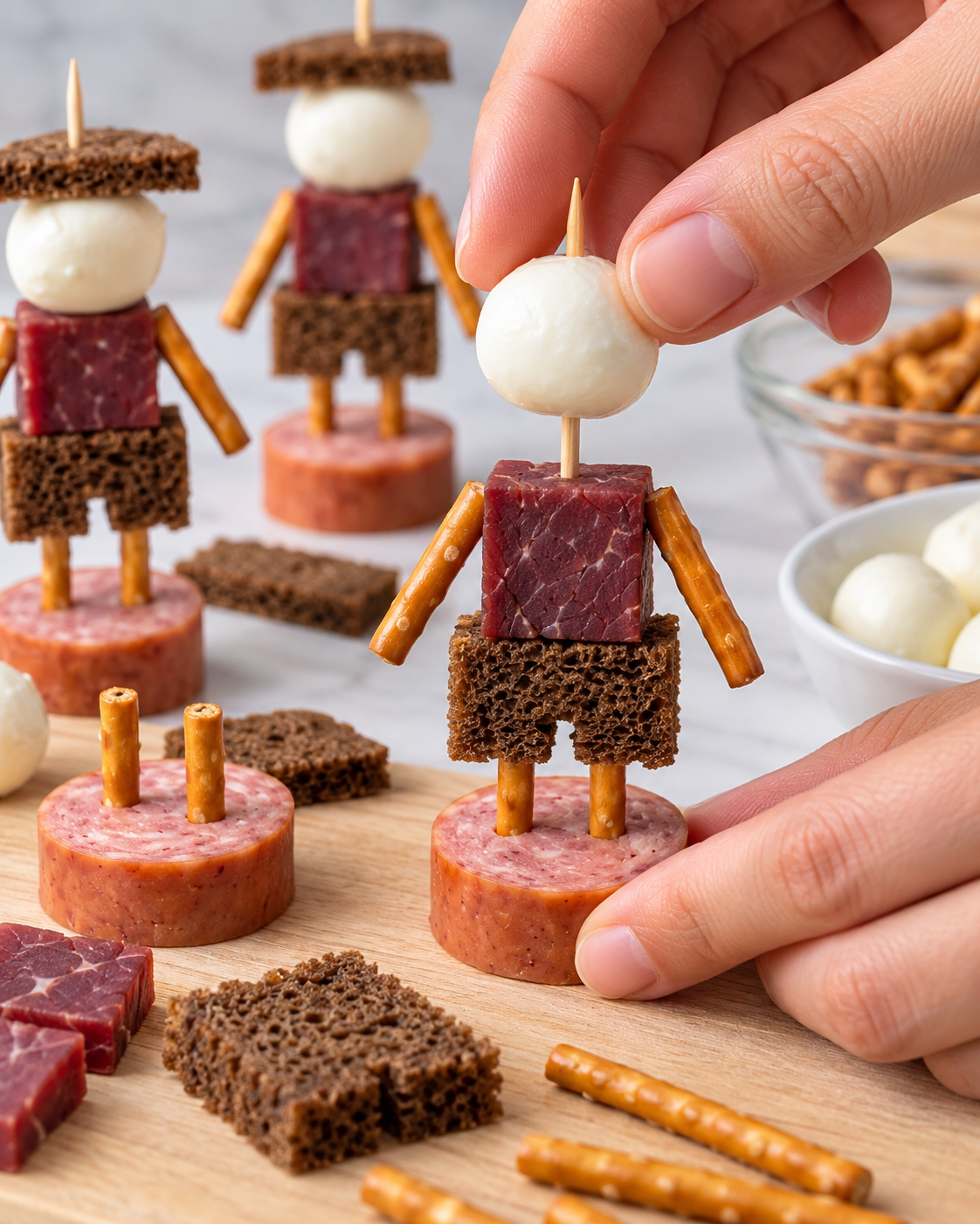 Assembling halal sausage bread cured beef pretzels and mozzarella into scarecrow snacks