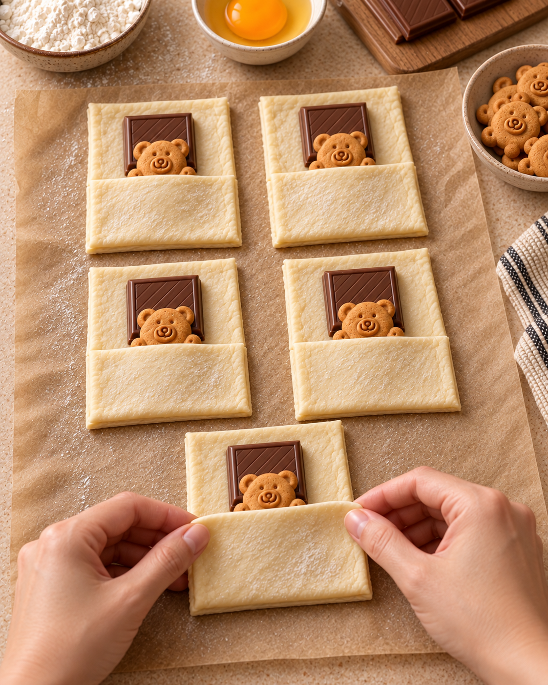 Placing milk chocolate and teddy cookies on puff pastry and folding the lower pastry upward like a blanket