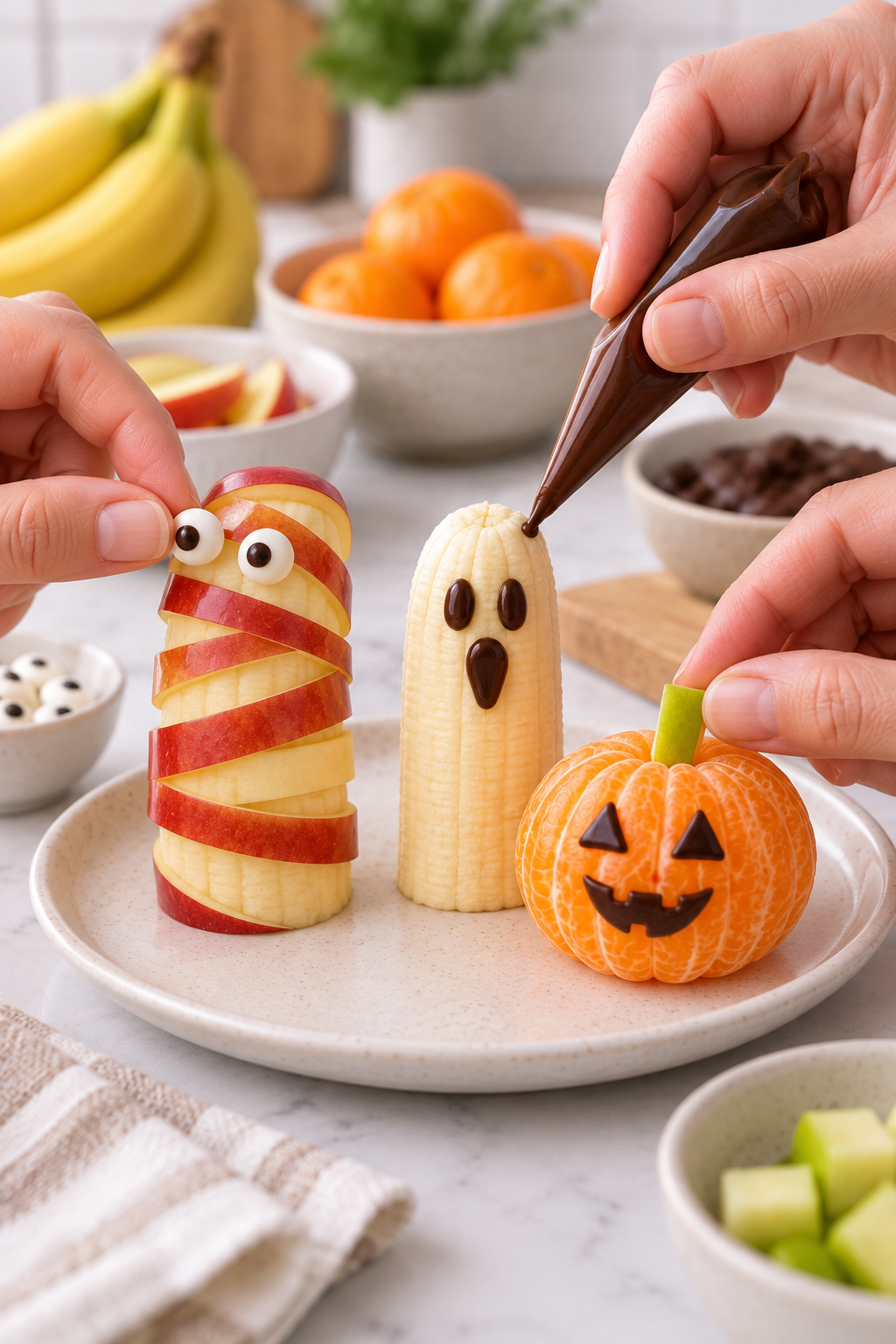 Decorating banana ghosts, clementine pumpkins and apple mummies