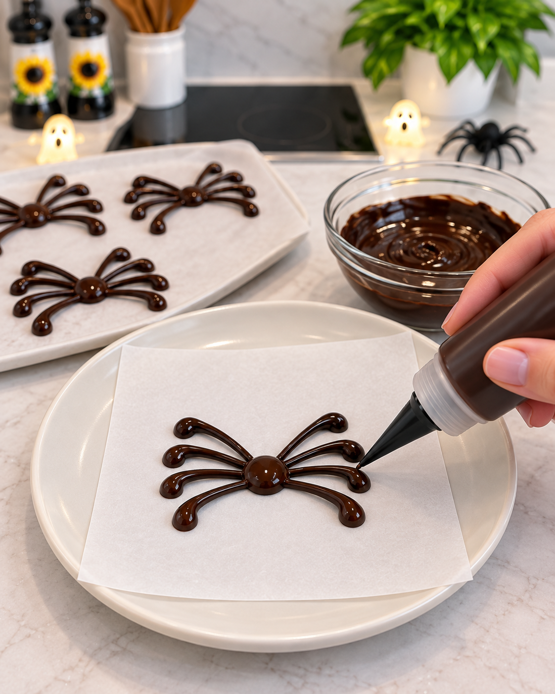 Eight curved chocolate spider legs piped onto parchment paper