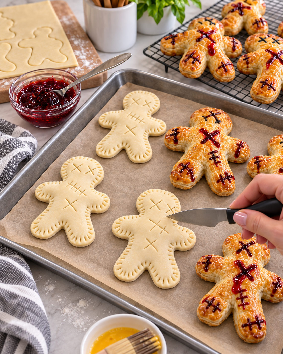 Scoring decorative stitches and baking puff pastry voodoo dolls