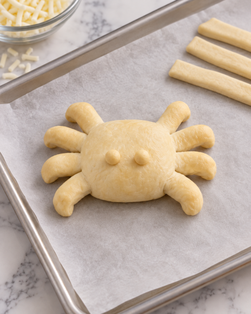Raw spider-shaped mozzarella stick with eight dough legs and two eyes