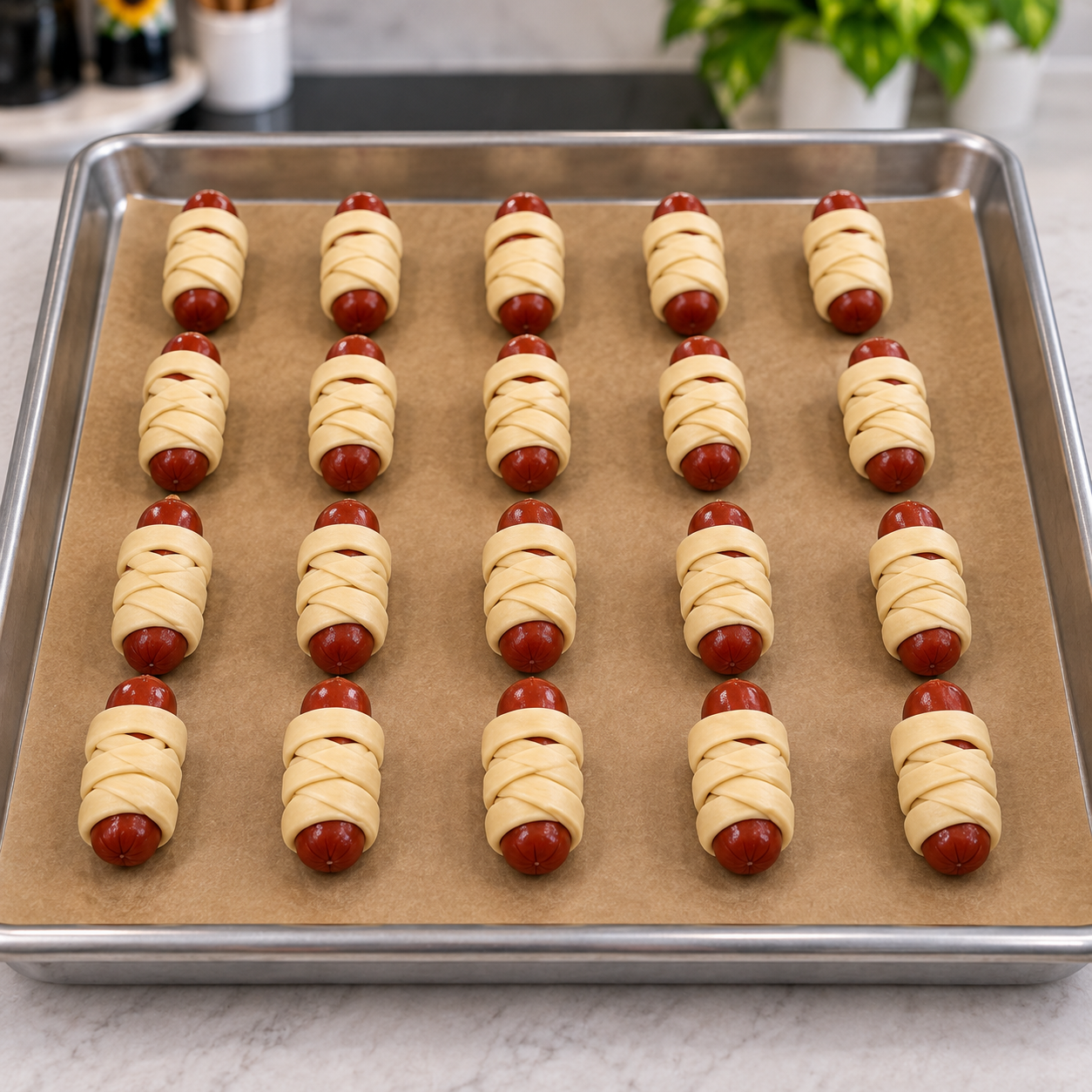 Unbaked mini mummy sausage rolls arranged on a parchment-lined sheet pan
