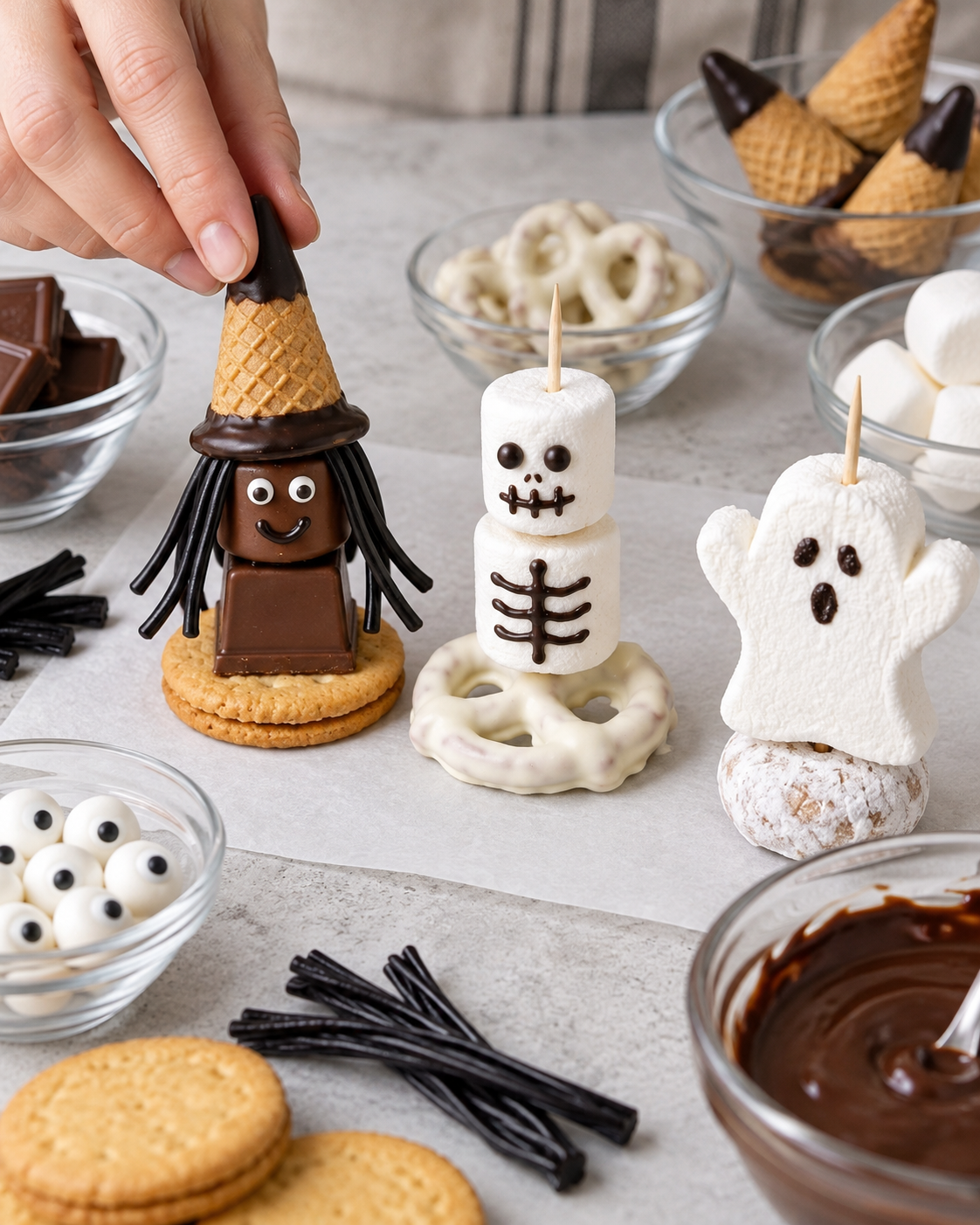 Decorating chocolate witches, marshmallow skeletons, and friendly ghost treats