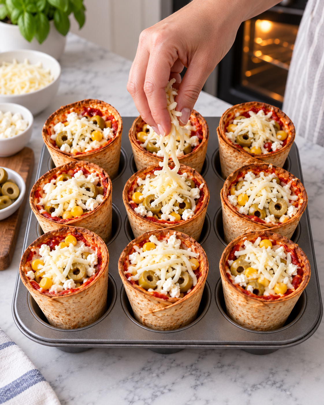 Shredded mozzarella being added to filled tortilla pizza cones before baking