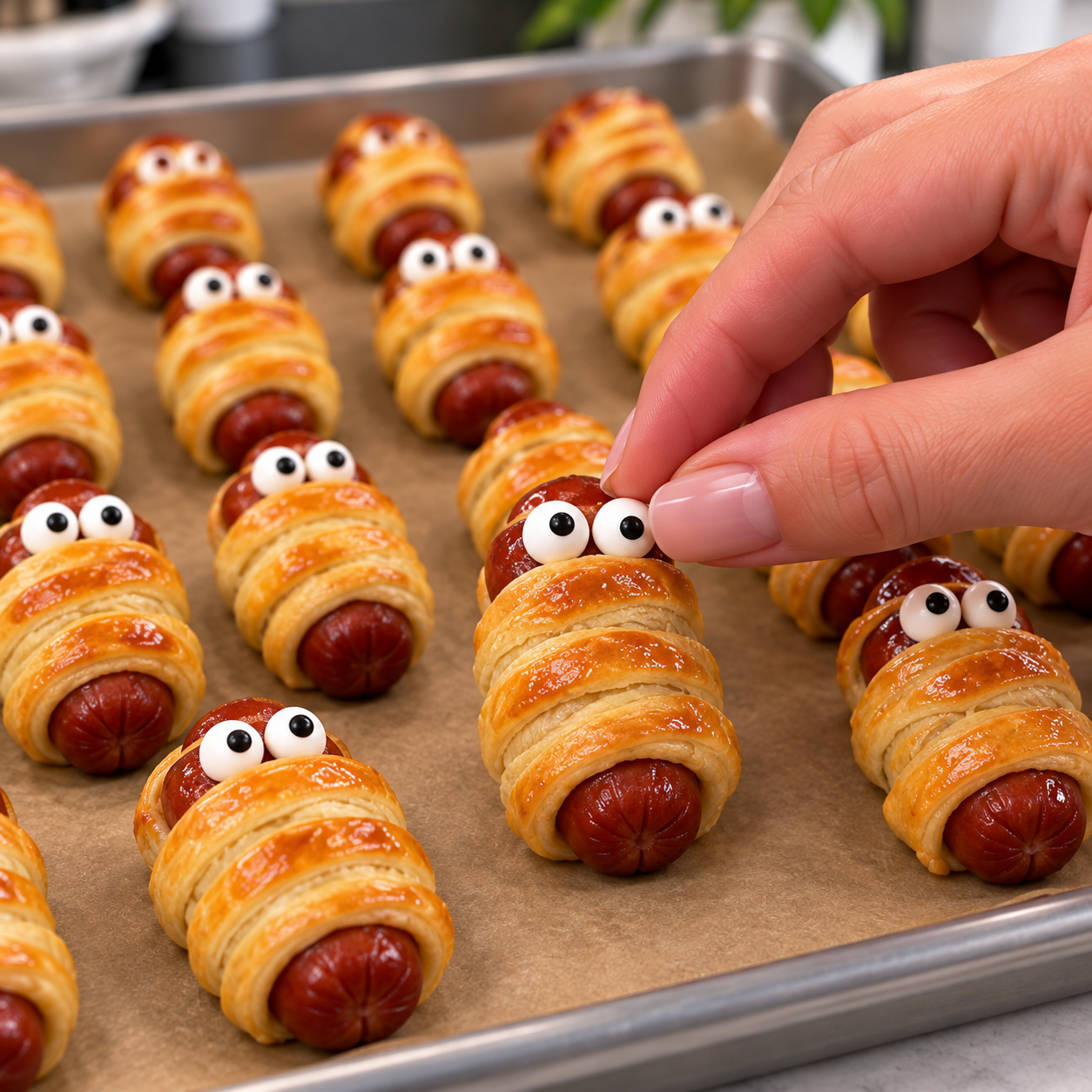 Adding edible candy eyes to baked Halloween mummy sausage rolls