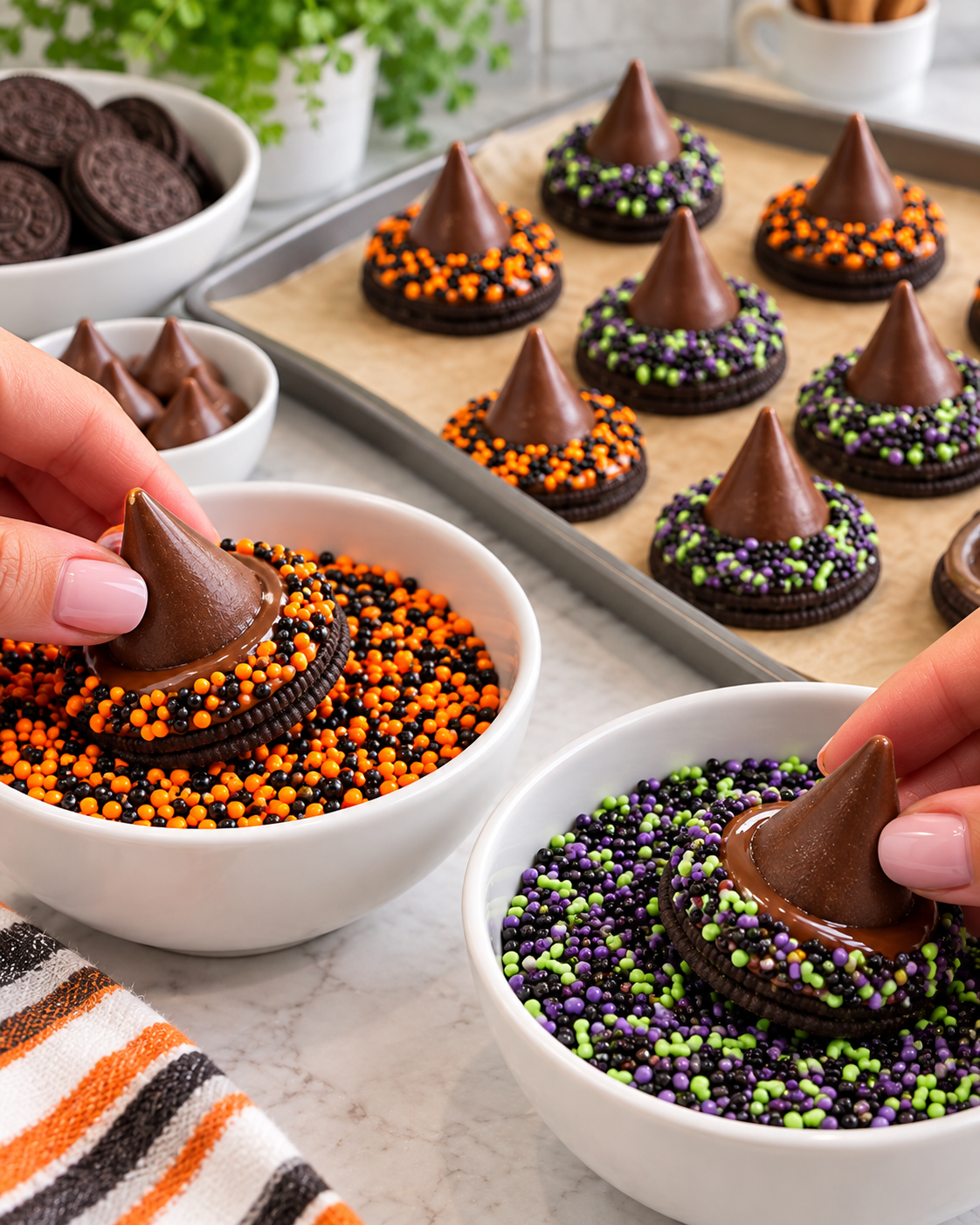 Rolling cookie witch hats in colorful Halloween sprinkles