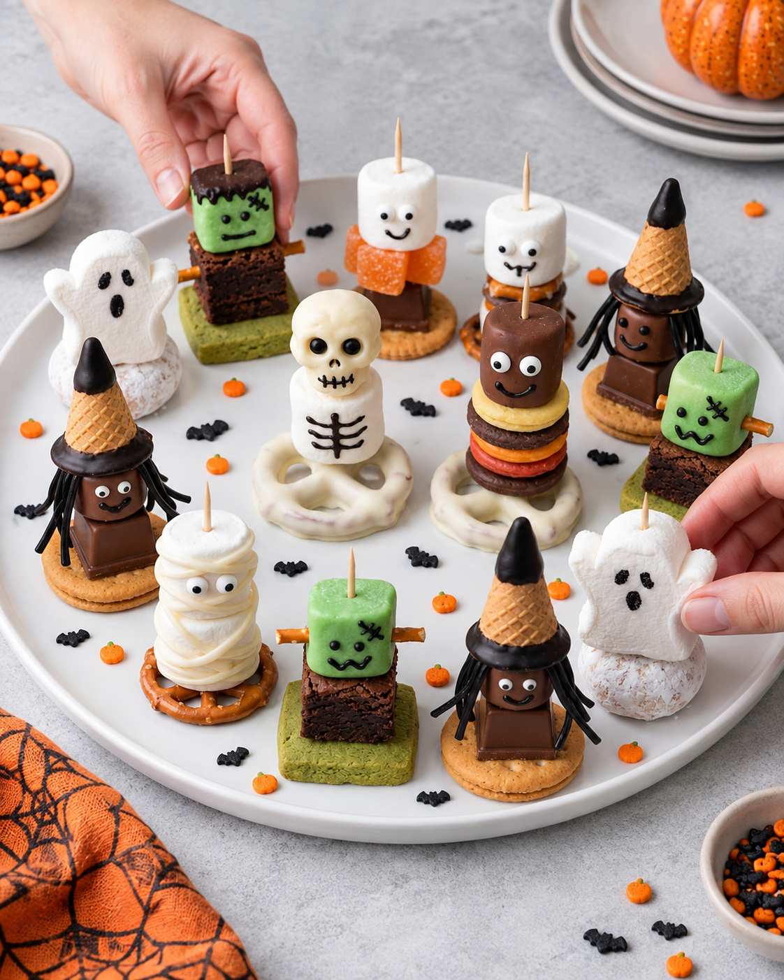 Arranging finished Halloween dessert characters on a large white party platter