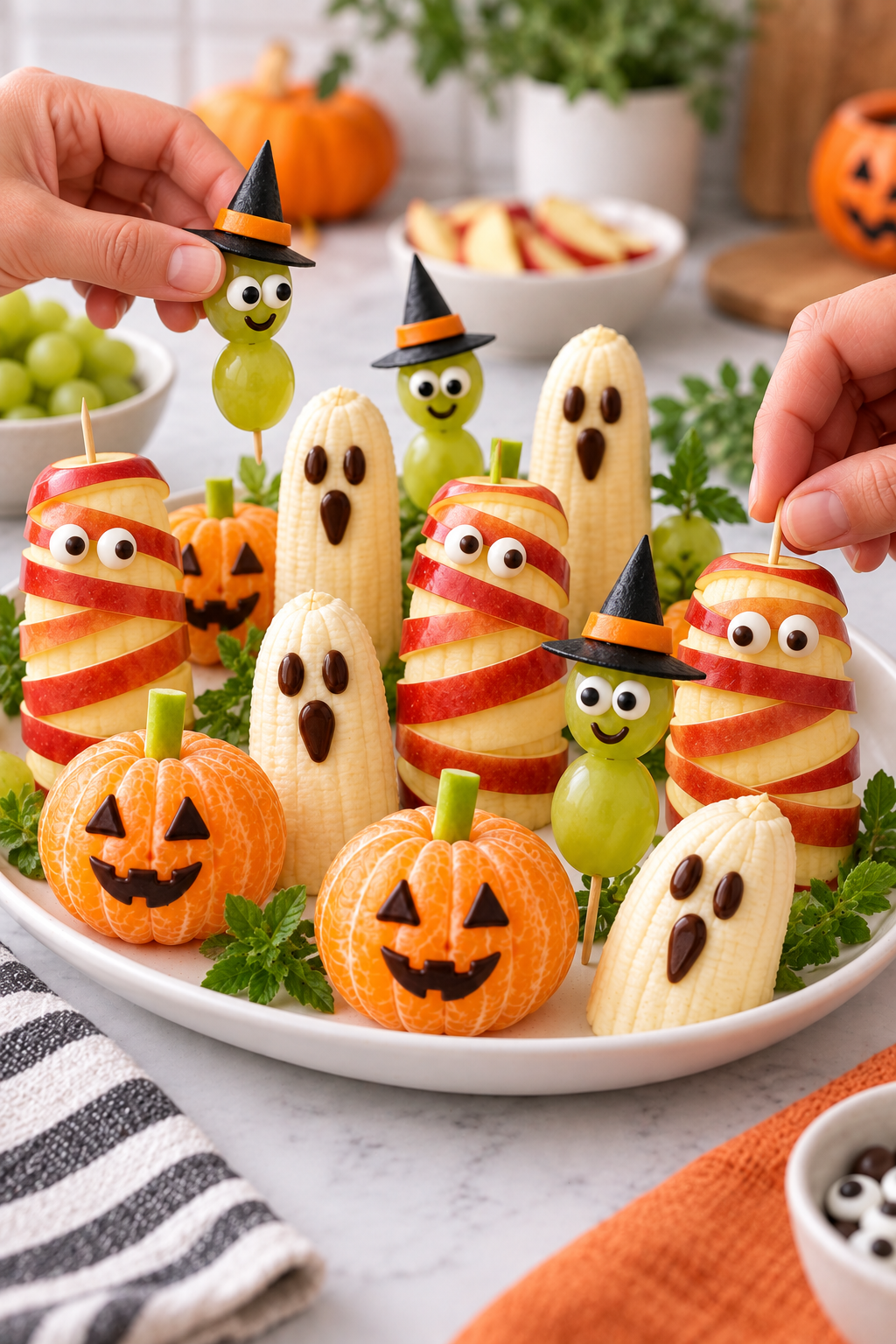 Arranging Halloween fruit and cheese snack characters on a serving platter