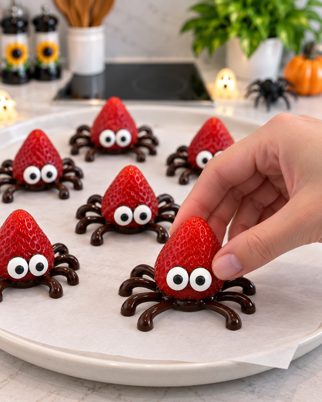 Strawberry with candy eyes being placed onto eight freshly piped chocolate legs