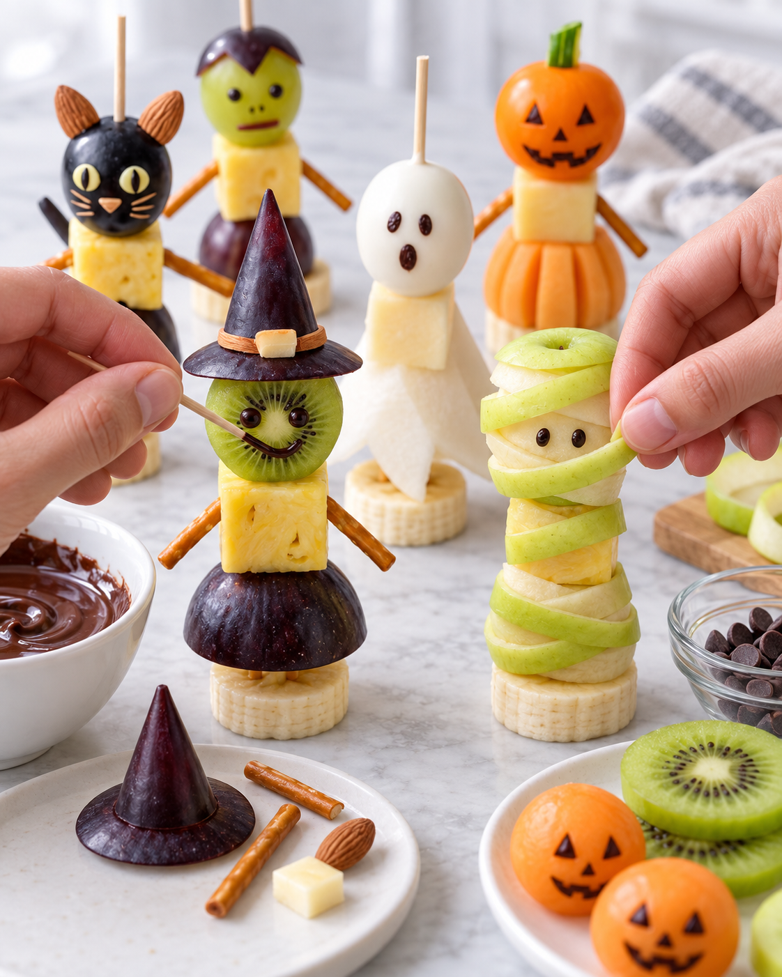 Decorating Halloween fruit characters with chocolate faces and apple mummy strips