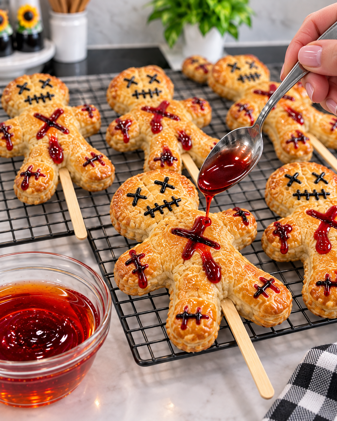 Decorating golden pastry dolls with red honey and edible marker stitches
