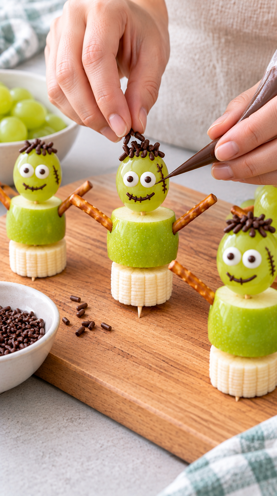 Decorating grape Frankenstein faces with candy eyes, chocolate stitches, scars, and sprinkle hair