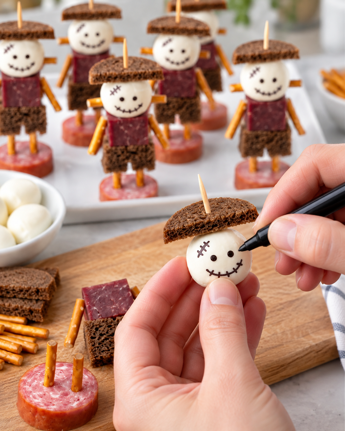 Drawing edible stitched faces and adding dark bread hats to Halloween scarecrow snacks