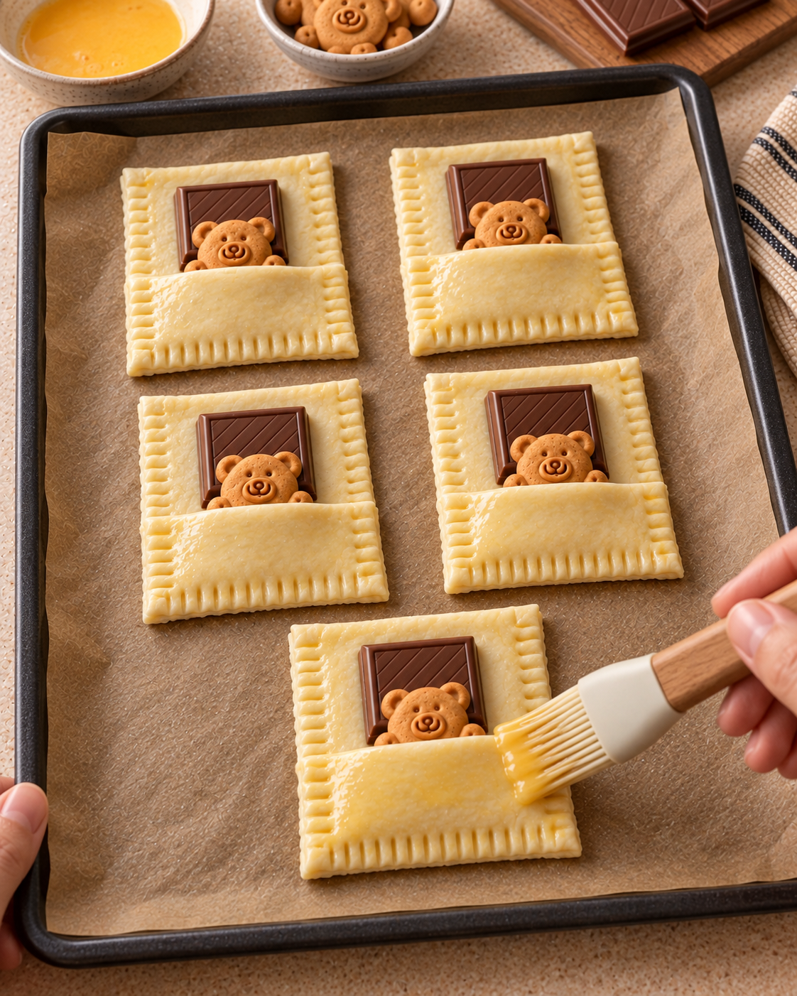 Crimping and brushing assembled teddy chocolate puff pastries with egg wash before baking