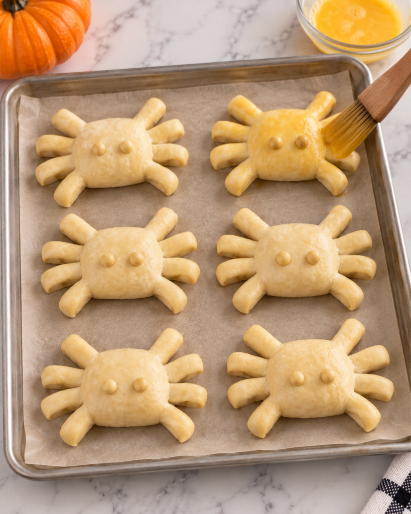 Spider mozzarella sticks on a baking sheet being brushed with egg wash