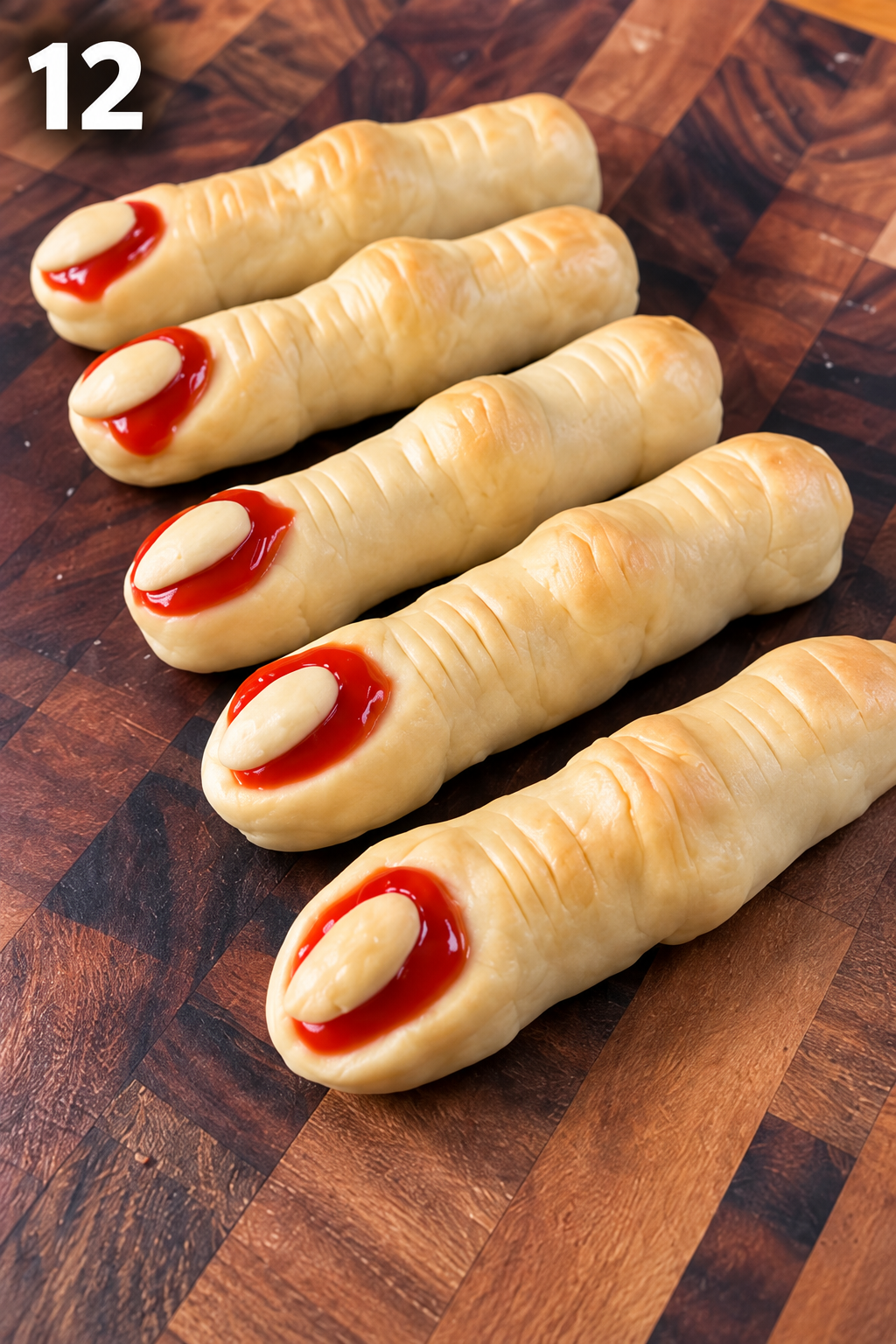 Finished Halloween severed-finger stuffed hot dogs with ketchup
