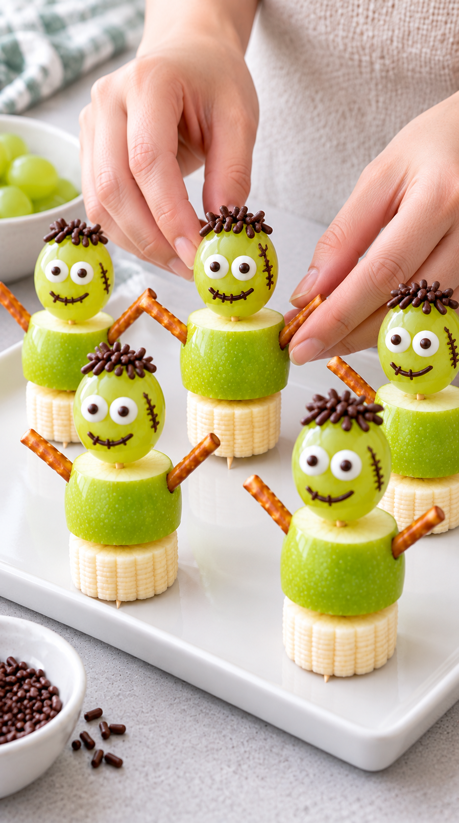 Finished Frankenstein fruit snack squad arranged upright on a Halloween serving tray