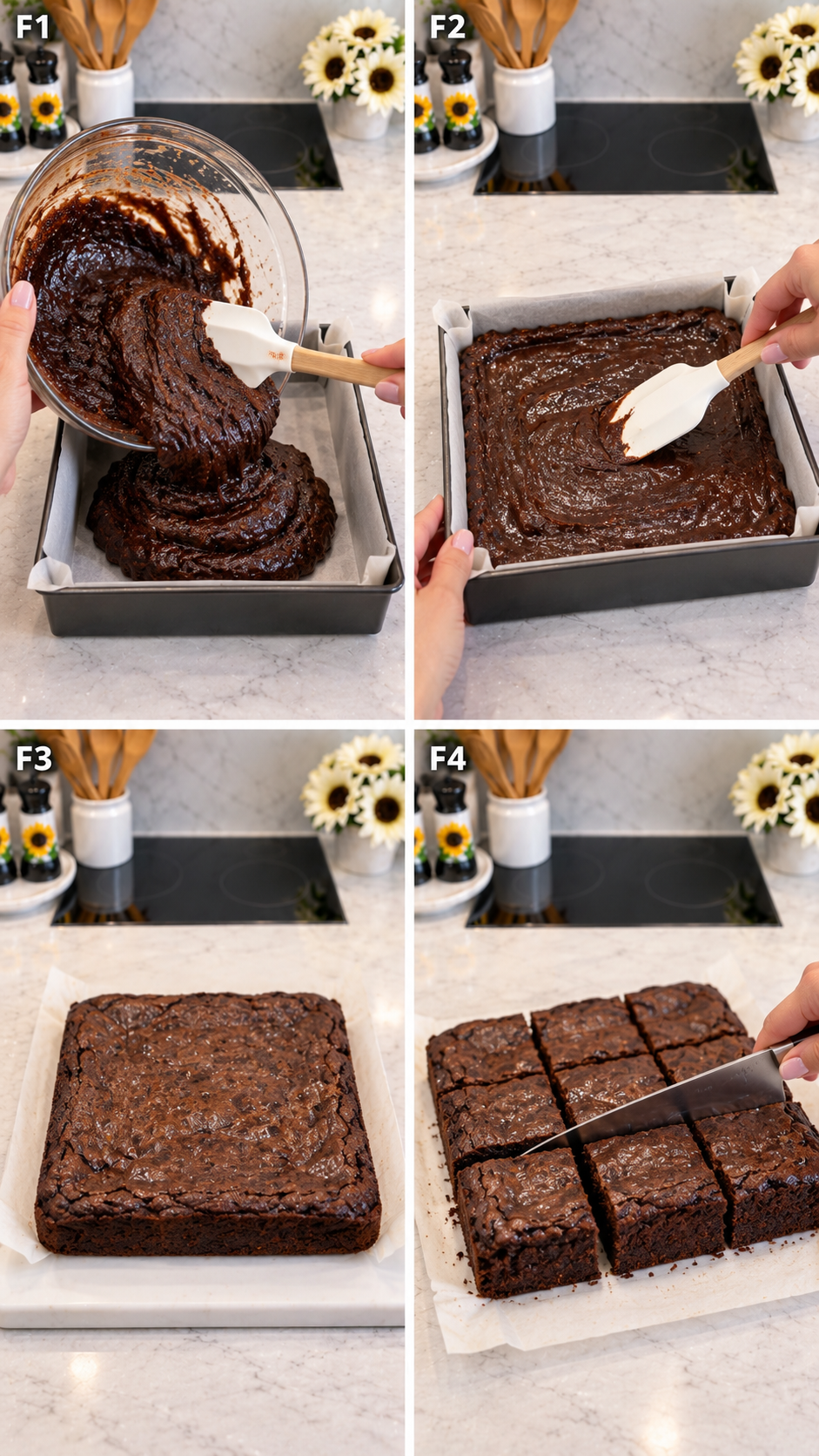 Preparing brownie batter, baking it in a square pan, and cutting the cooled brownies into nine squares