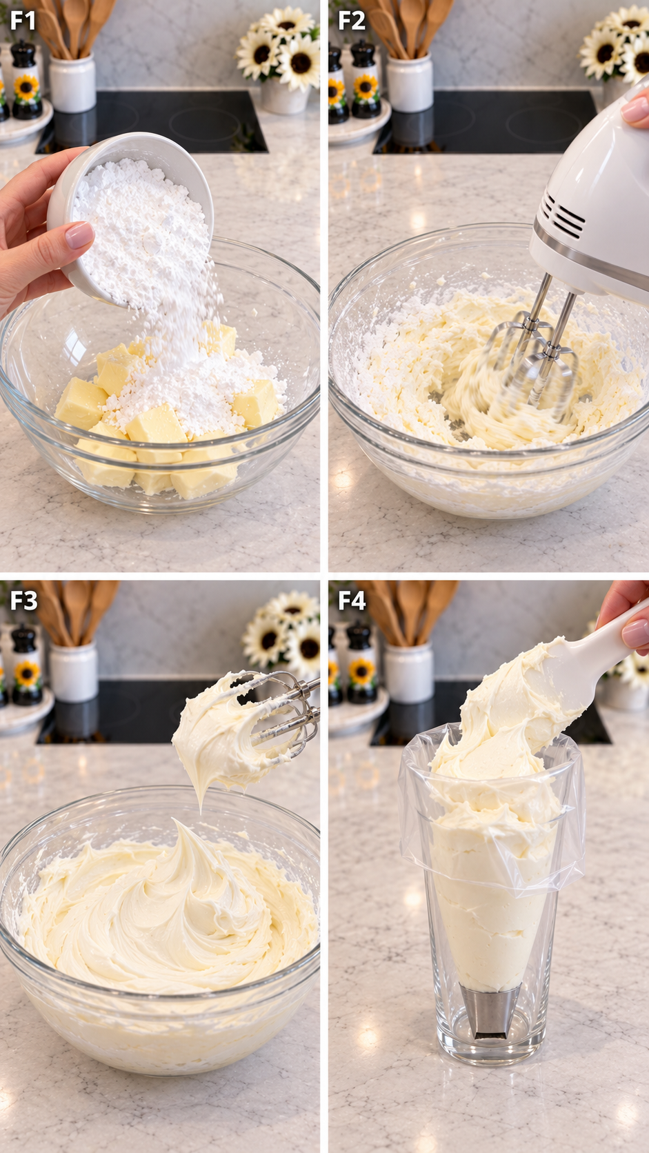Mixing vanilla buttercream and filling a piping bag with a flat ribbon tip