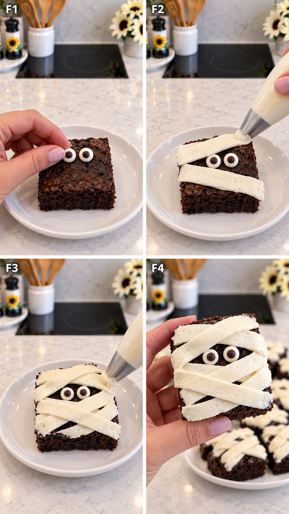 Adding candy eyes and piping white buttercream bandages across mummy brownies