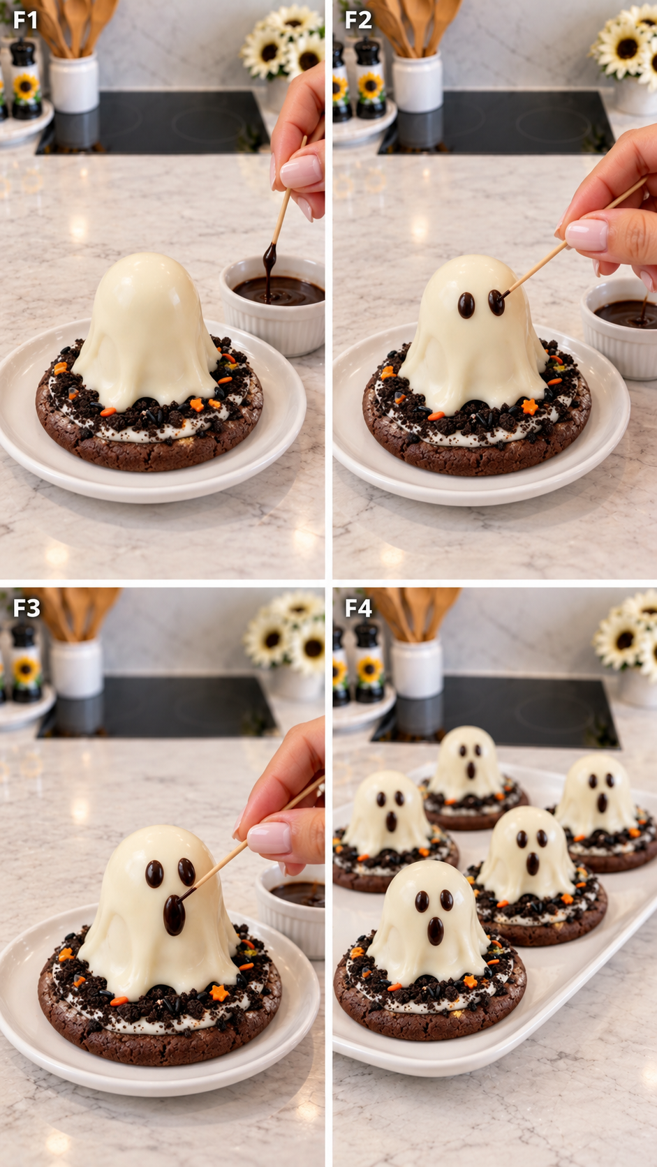 Adding chocolate faces to white chocolate ghost cookies