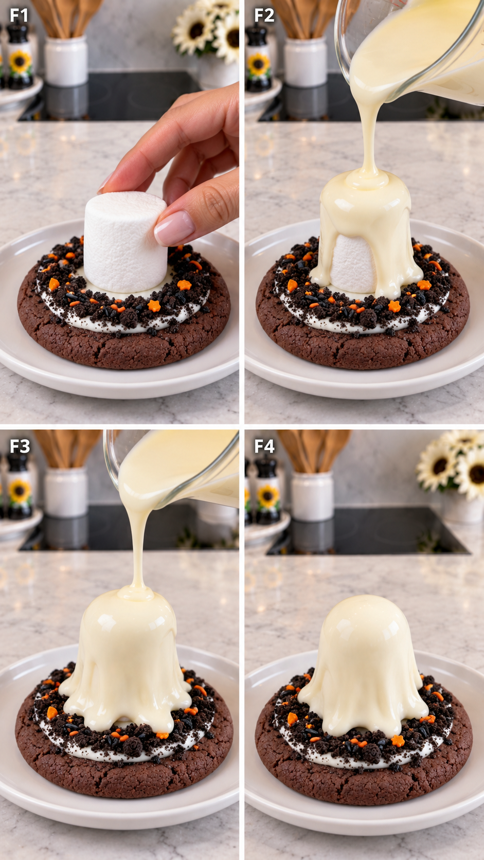 Coating a marshmallow ghost with melted white chocolate