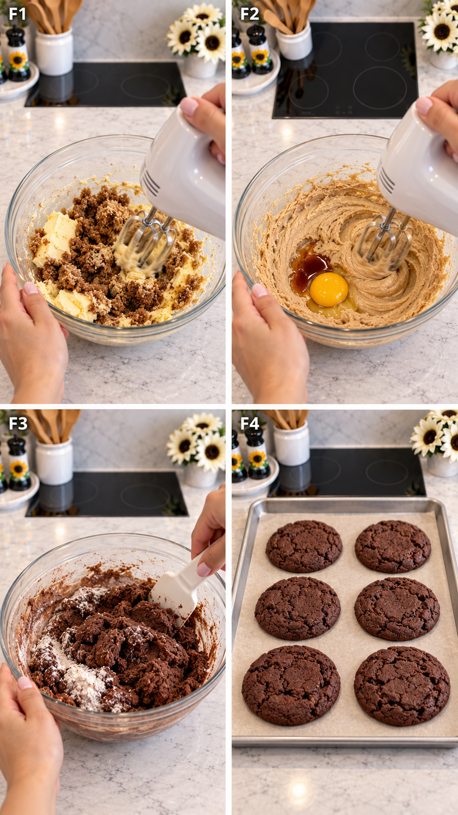 Steps for mixing and baking chocolate cookies