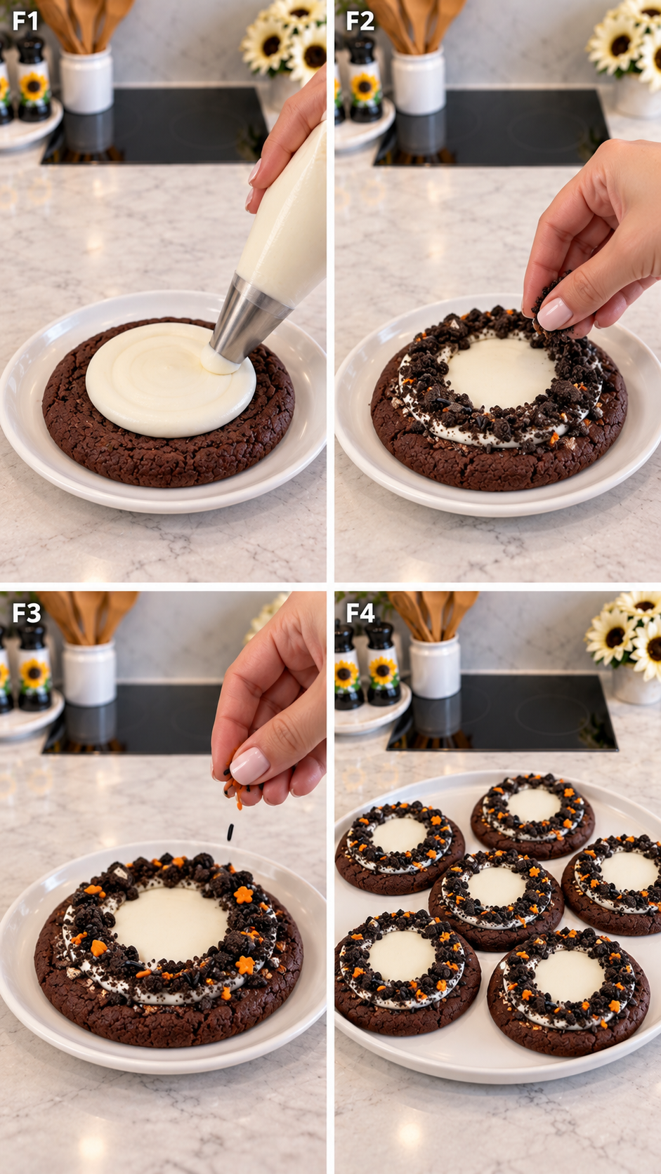 Decorating chocolate cookies with frosting crumbs and Halloween sprinkles