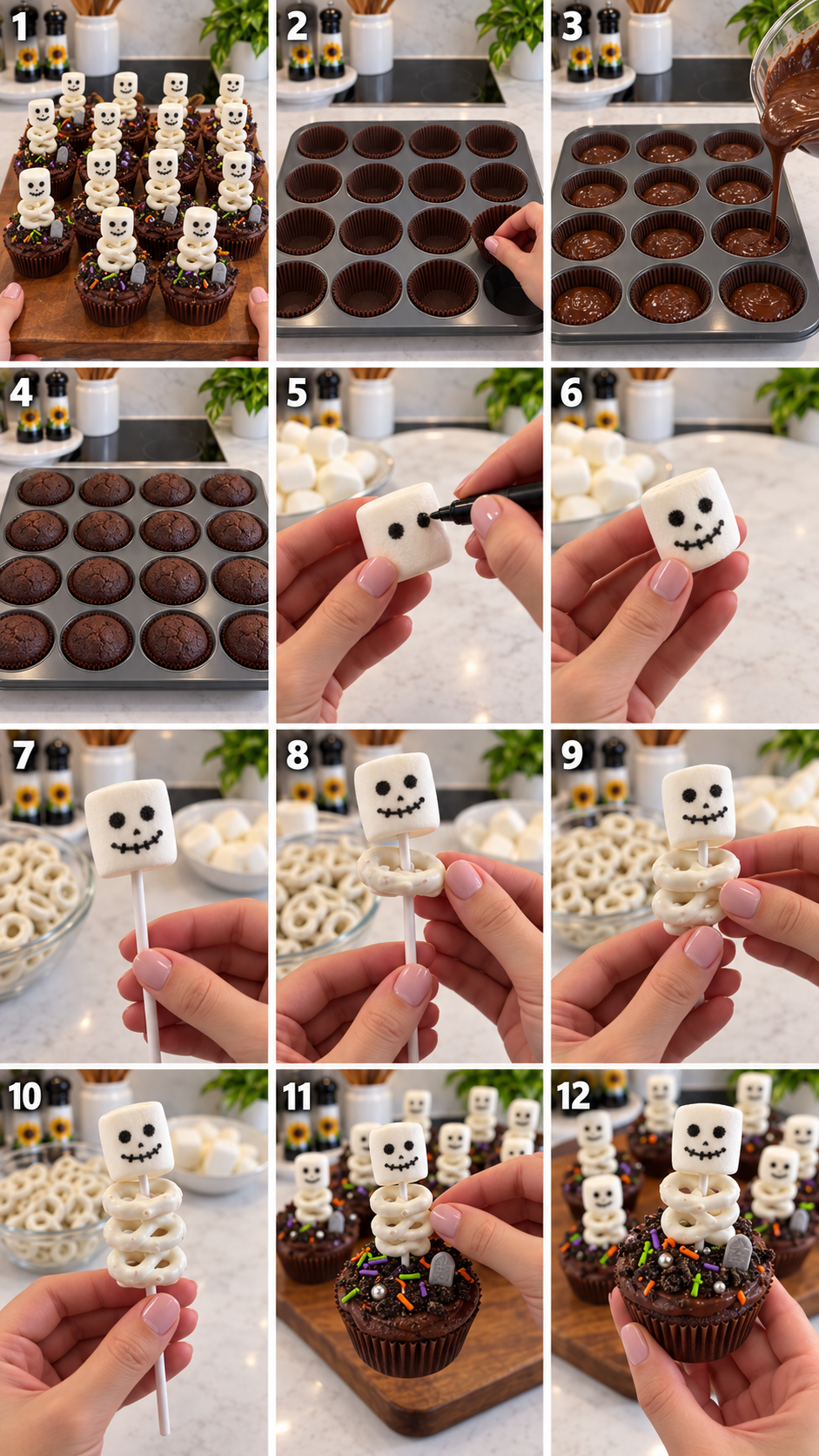 Step-by-step instructions for making Halloween skeleton cupcakes