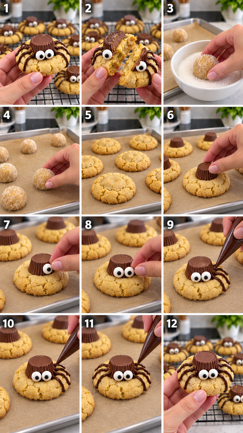 Step-by-step instructions for peanut butter spider cookies