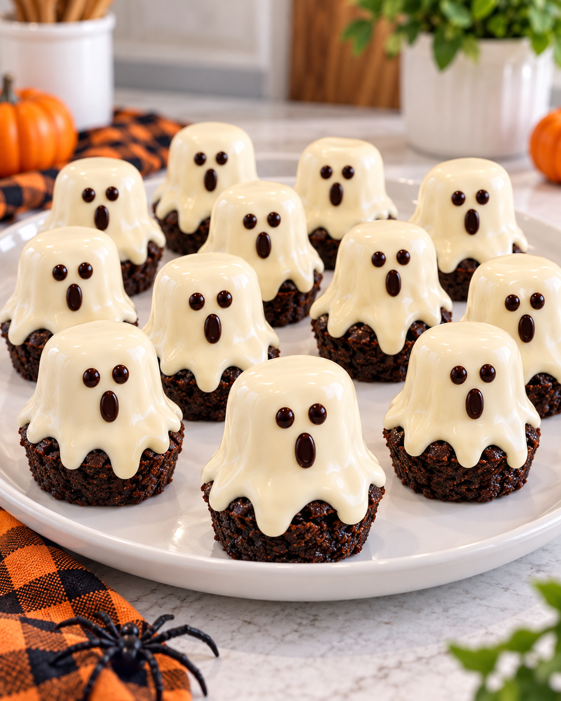 Halloween Ghost Brownie Bites with marshmallows and white chocolate