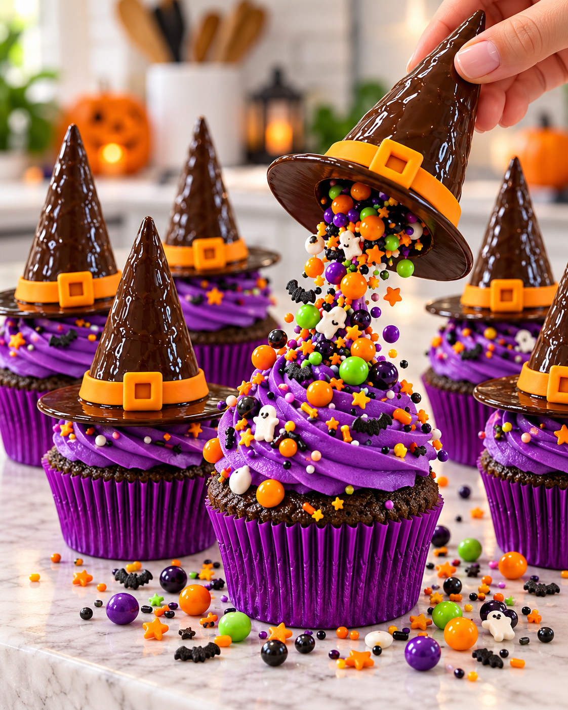 Magic Treat-Filled Witch Hat Cupcakes with colorful candy spilling from a chocolate witch hat