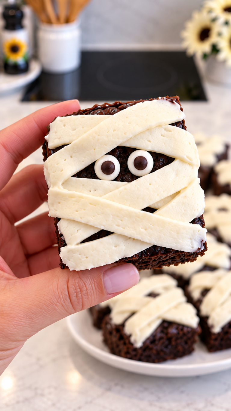 Mummy brownies decorated with vanilla buttercream bandages and candy eyes
