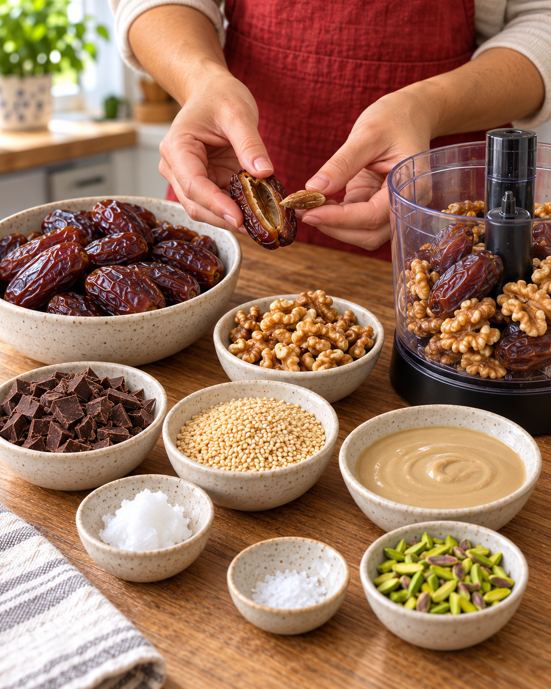 Ingredients for tahini chocolate date cups and pitting Medjool dates