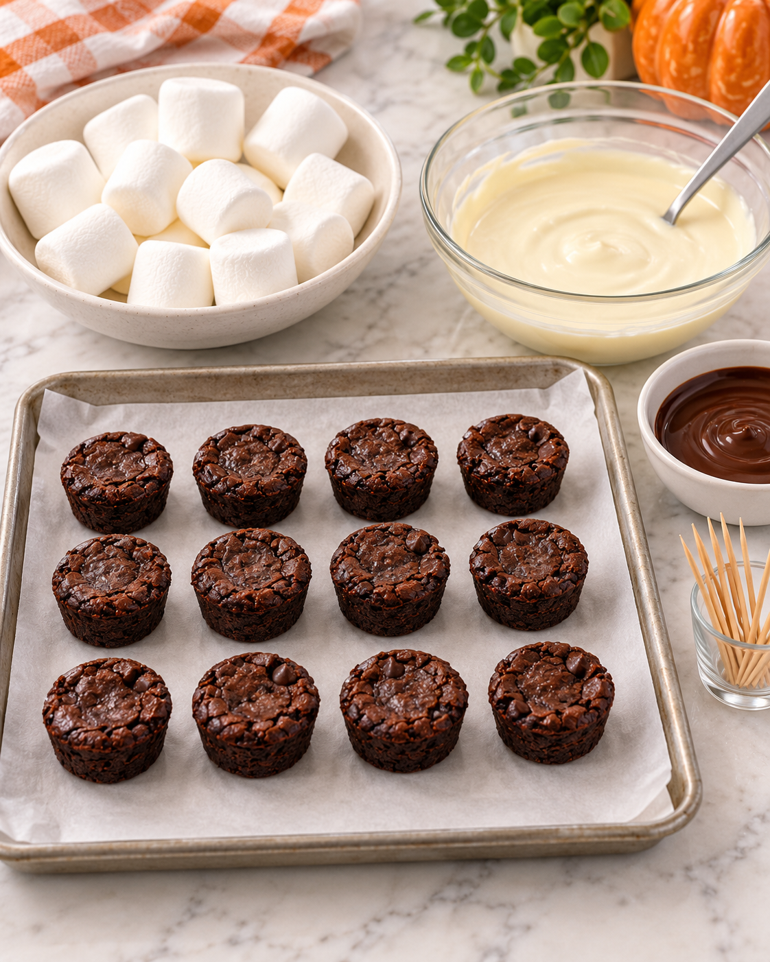 Mini brownie bites, marshmallows, white chocolate and semisweet chocolate ingredients