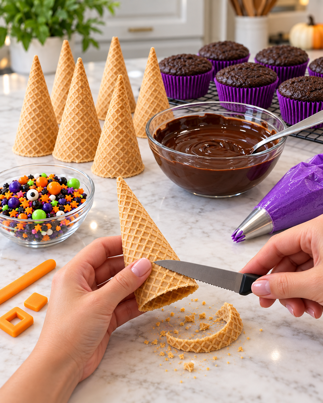 Ingredients for witch hat cupcakes while trimming a waffle cone