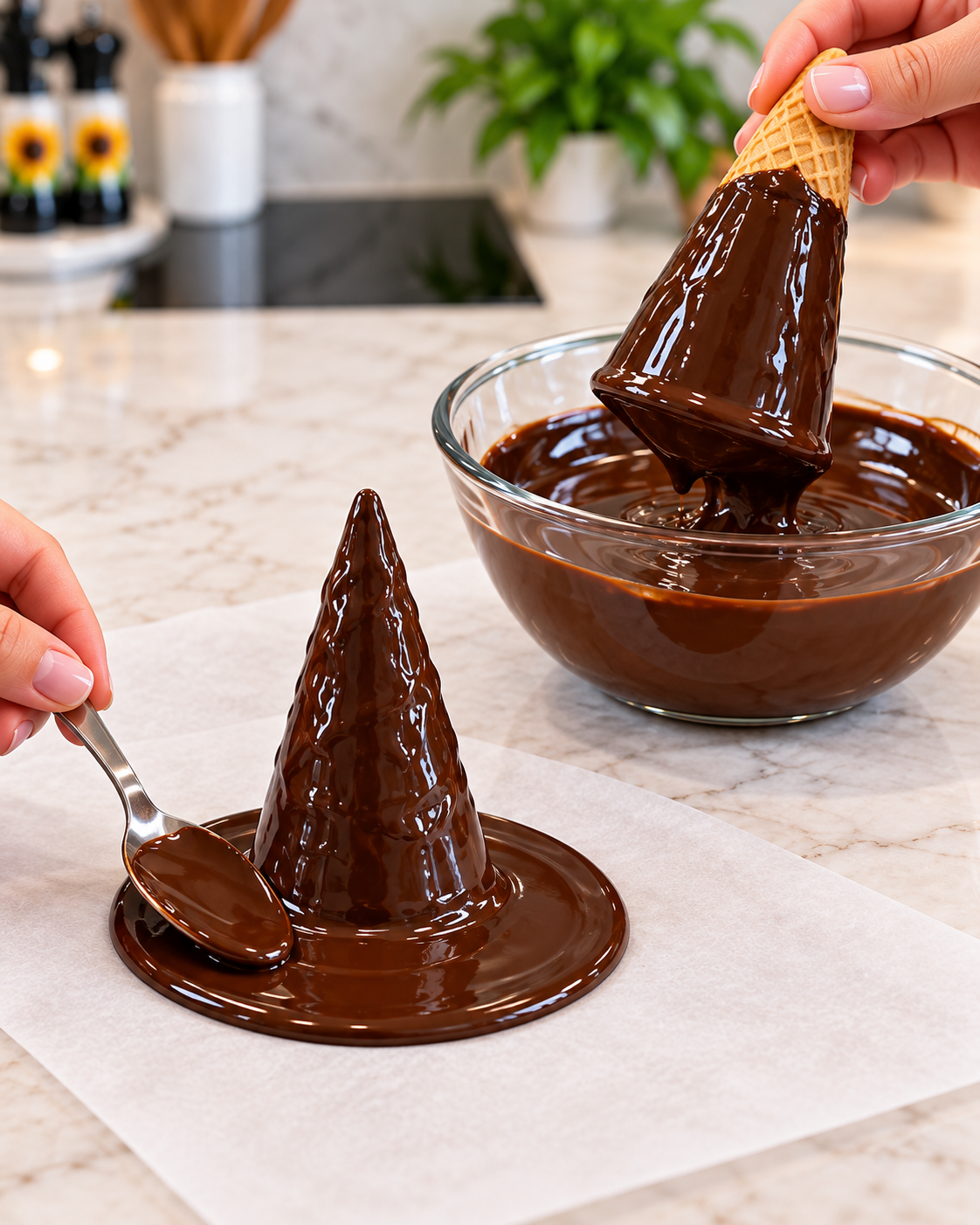 Coating waffle cones in dark chocolate and forming round witch hat brims
