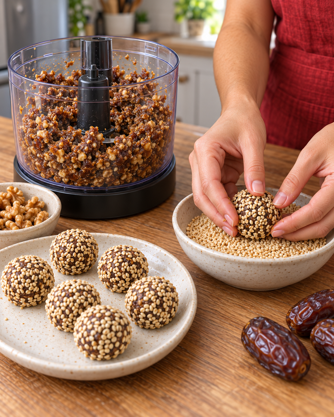 Processing date walnut mixture and coating balls with sesame seeds