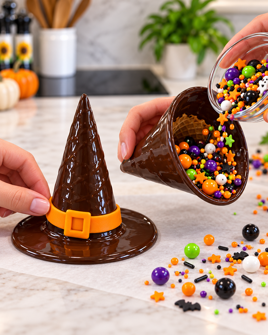 Decorating chocolate witch hats with orange fondant and filling them with candy
