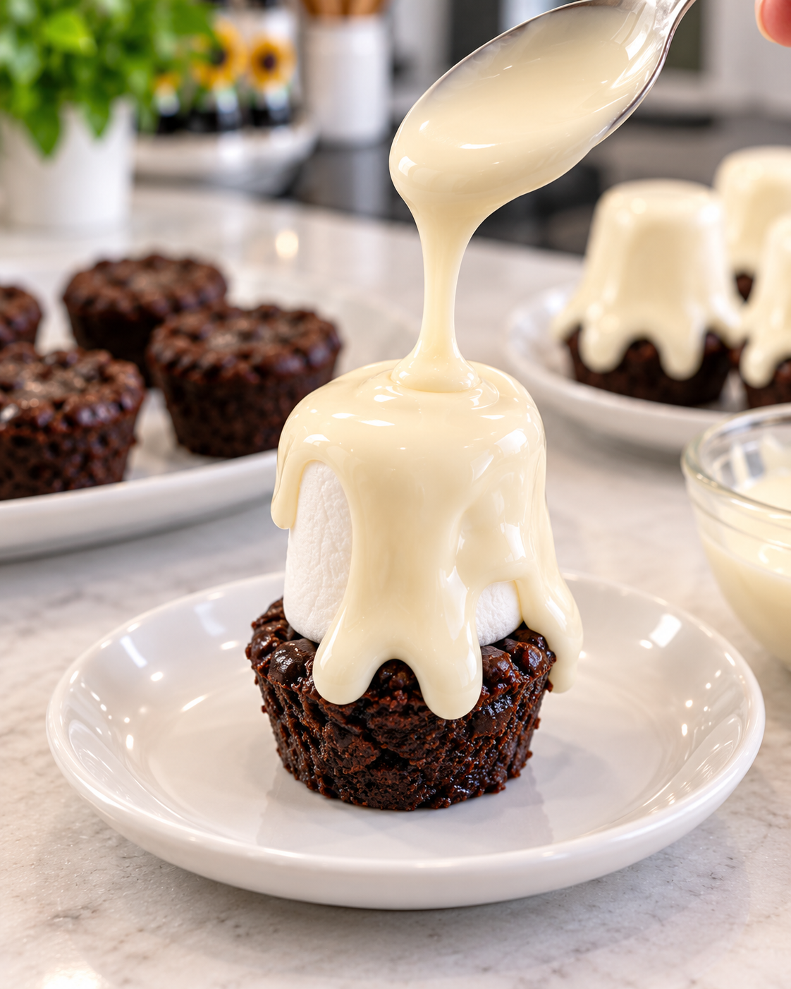 White chocolate flowing over a marshmallow and brownie to form a ghost