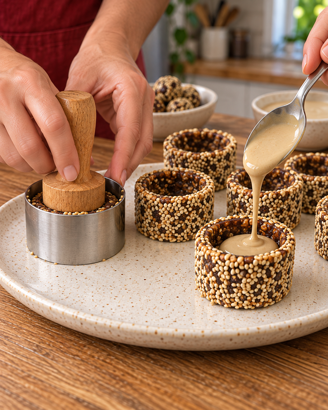 Shaping sesame date cups in a ring mold and filling with tahini