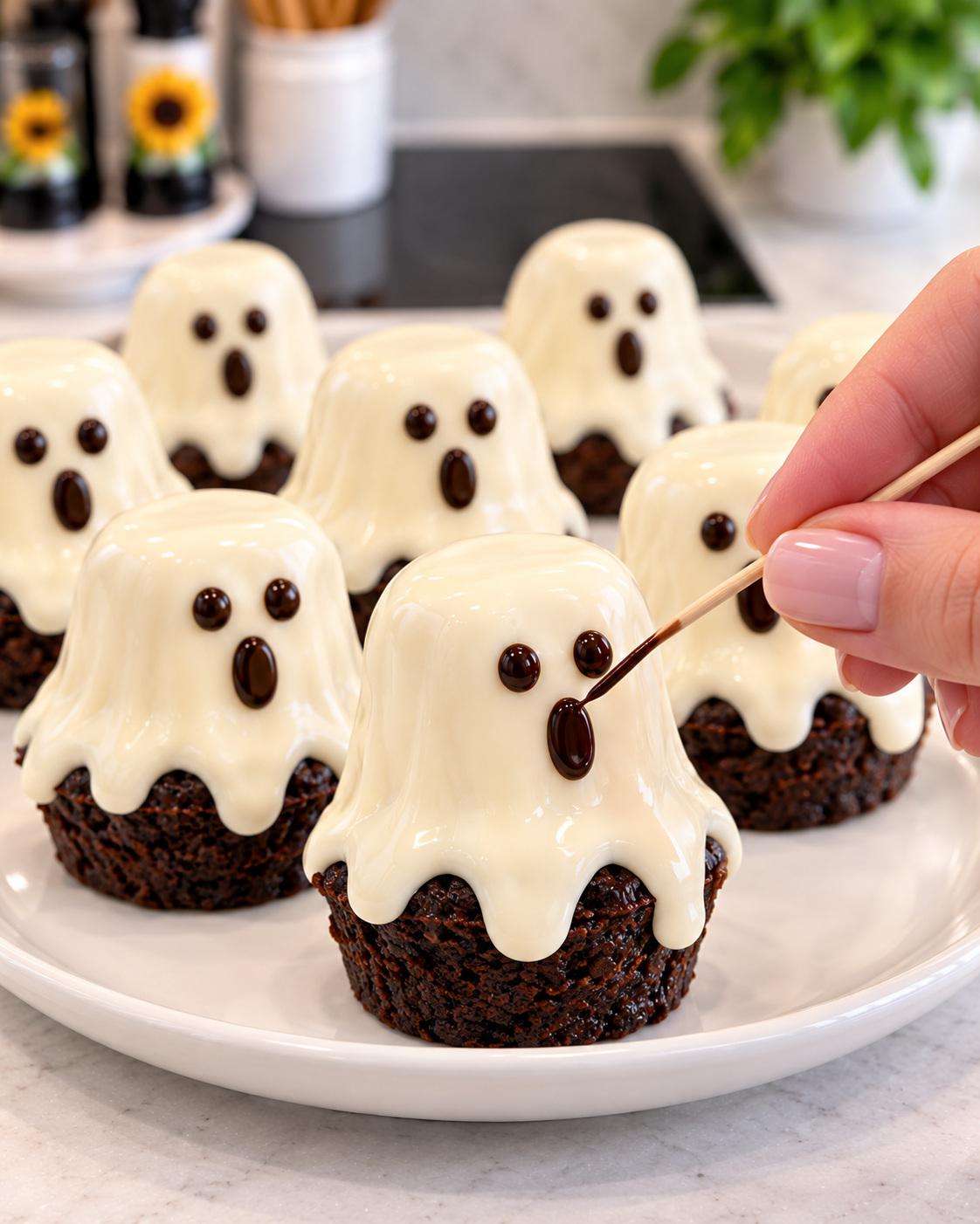 Adding chocolate eyes and an oval mouth to a ghost brownie bite