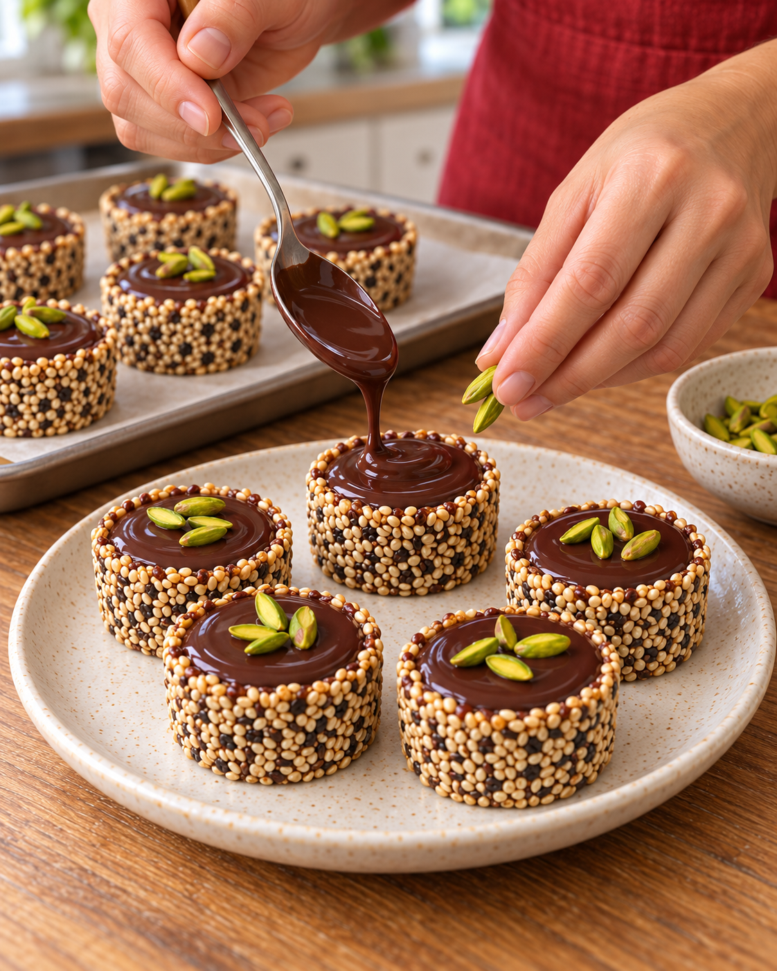 Topping tahini date cups with dark chocolate and pistachios